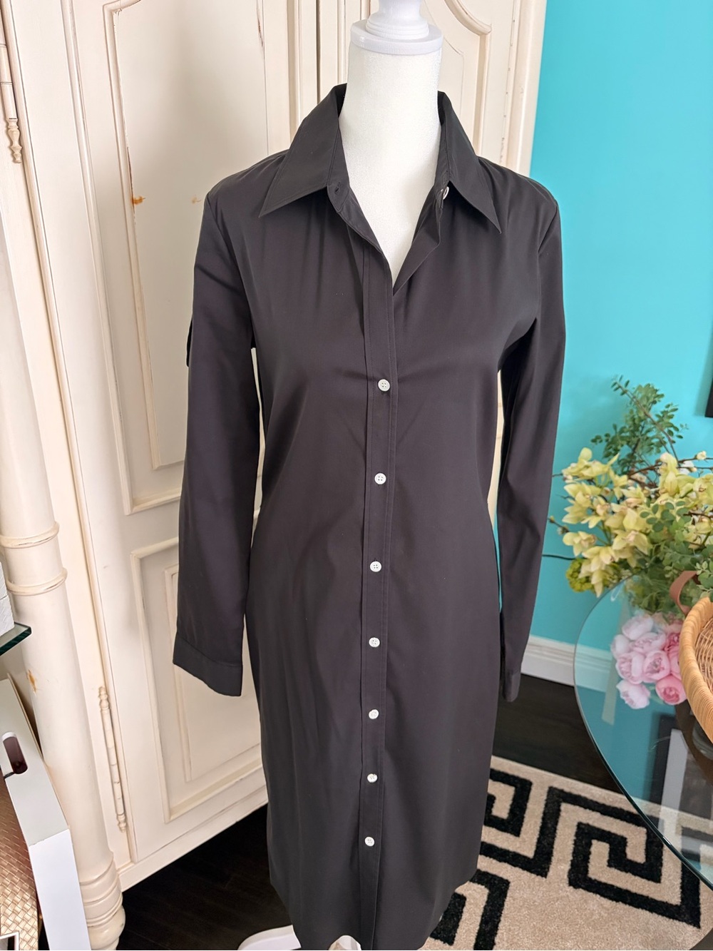 Theory Classic Black Button-Down Shirt Dress cotton/ spandex Sz 8